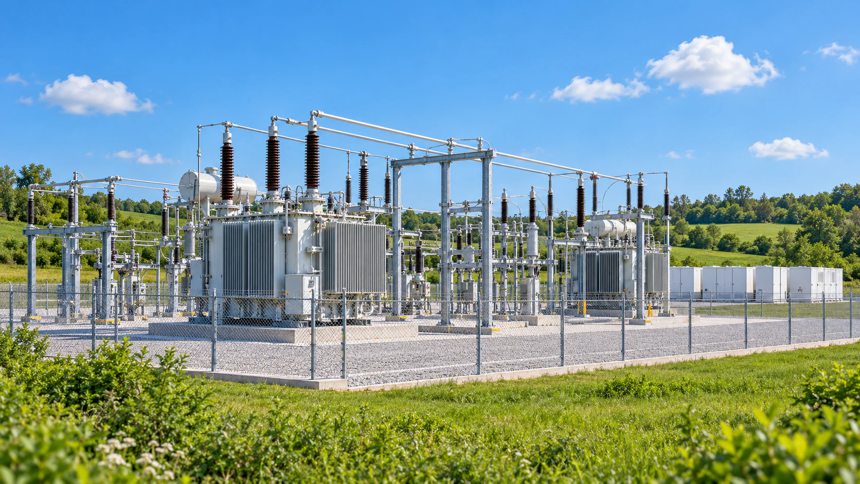 Electrical substation with power transformers and battery storage in a green landscape