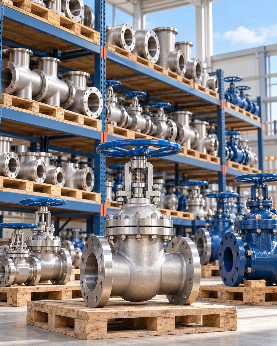 Industrial valves and flanged pipe fittings arranged in a warehouse